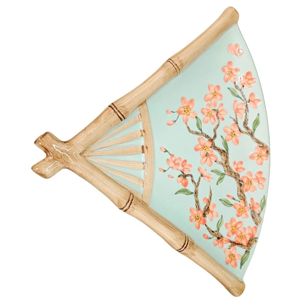 Silvestri Asia Society Fan Plate‎ Cynthia McCollum Cherry Blossom Celadon